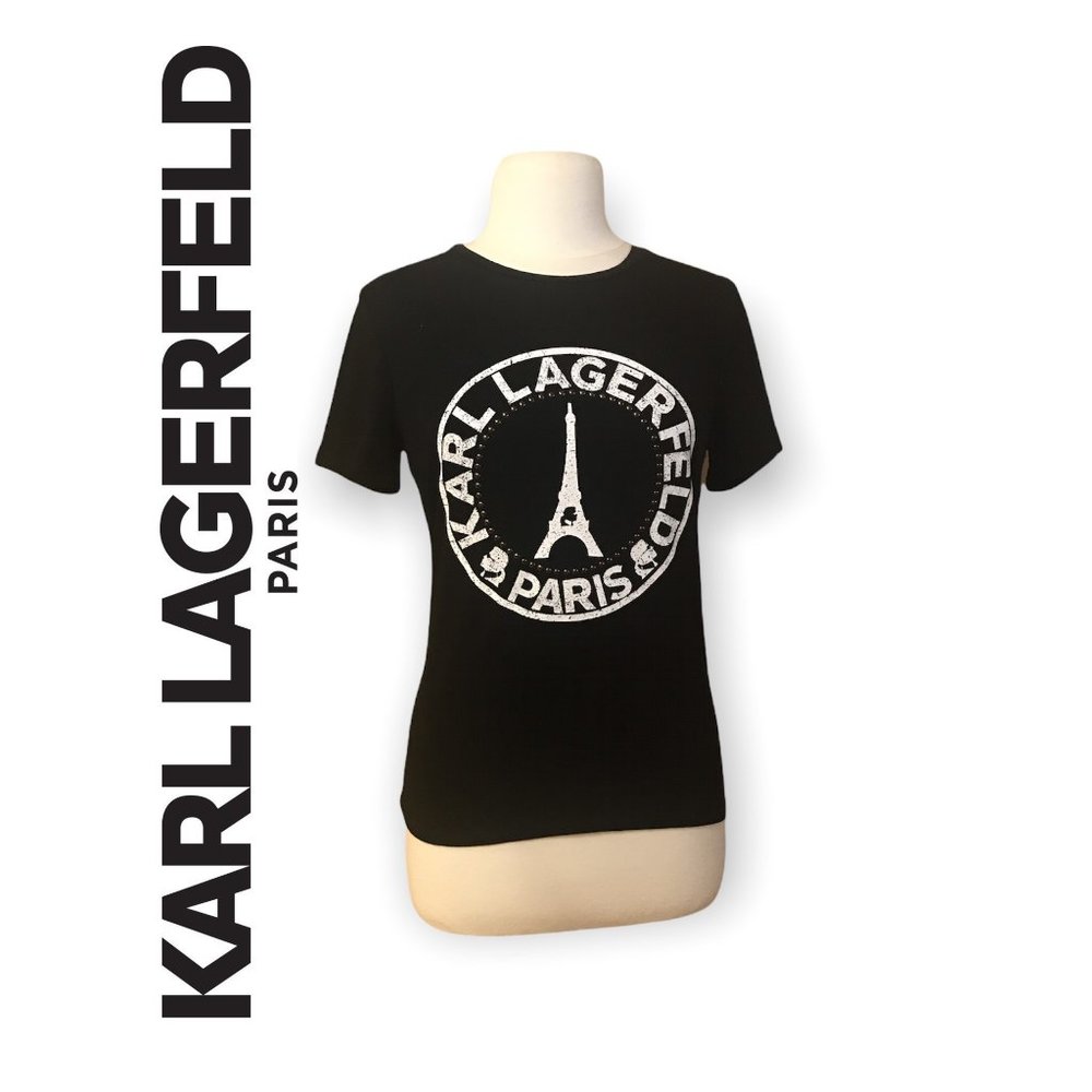 KARL LAGERFELD PARIS Black White Studded EIFFEL Tower T-Shirt Size SMALL